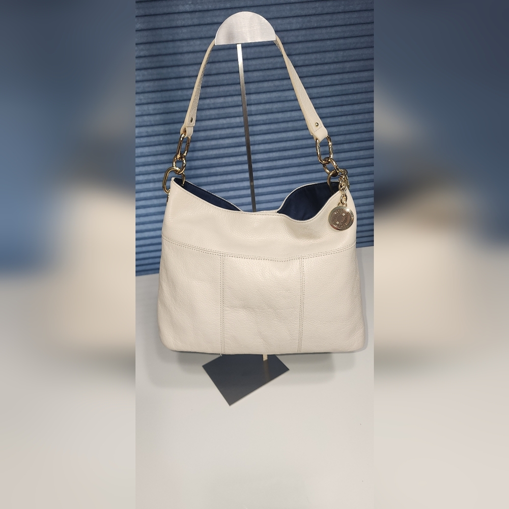Tommy Hilfiger Cream Leather Shoulder Bag with Gold-Tone Accents